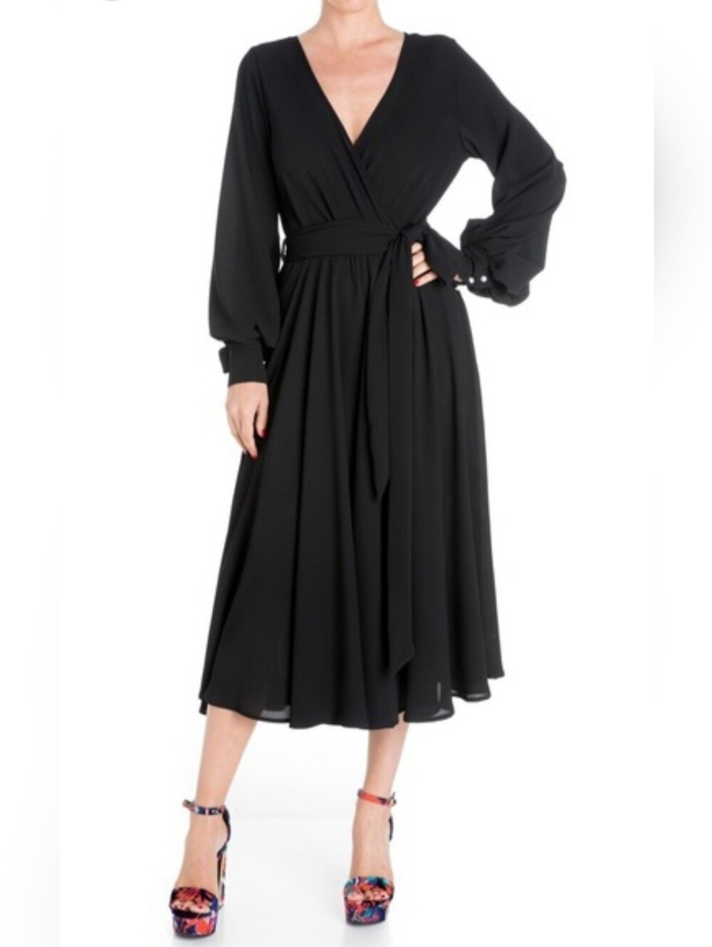 Meghan LA Lilypad Black Midi Dress with Bishop Sleeves